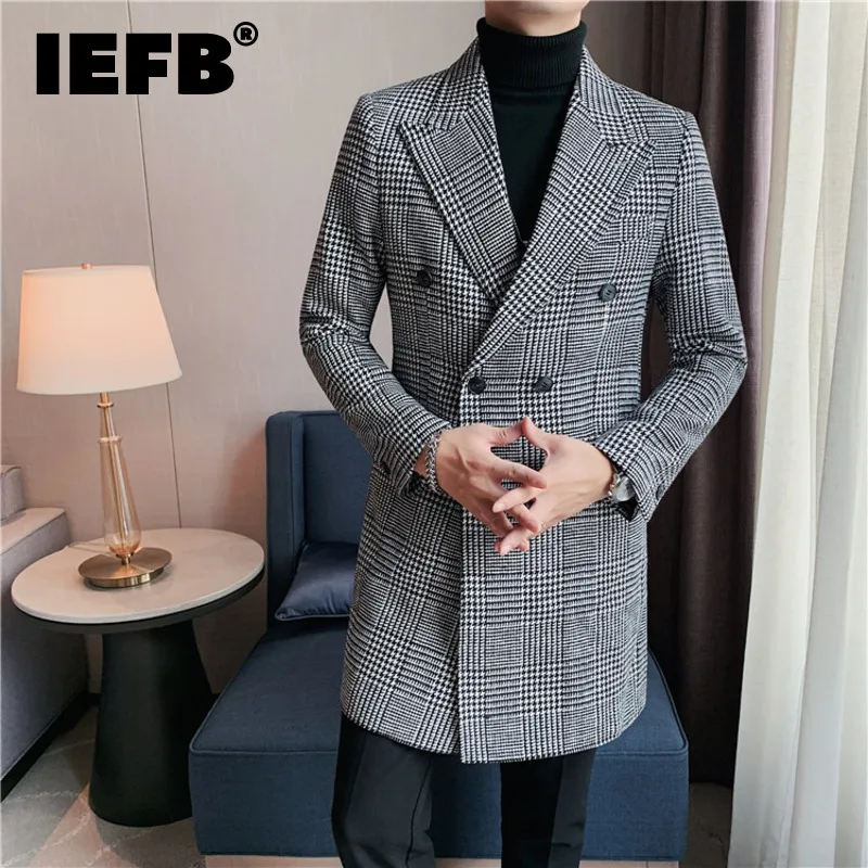 

IEFB Men's British Tide Smart Casual Suit Style Woolen Mid Length Coat Double-breasted Vintage Checked Long Sleeve Jacket 2022