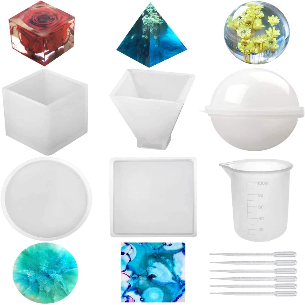 11Pcs/Set Silicone Resin Casting Molds Includs Sphere, Cube, Pyramid, Square, Round For Resin Epoxy, Candle Wax, Soap, Bowl Mat