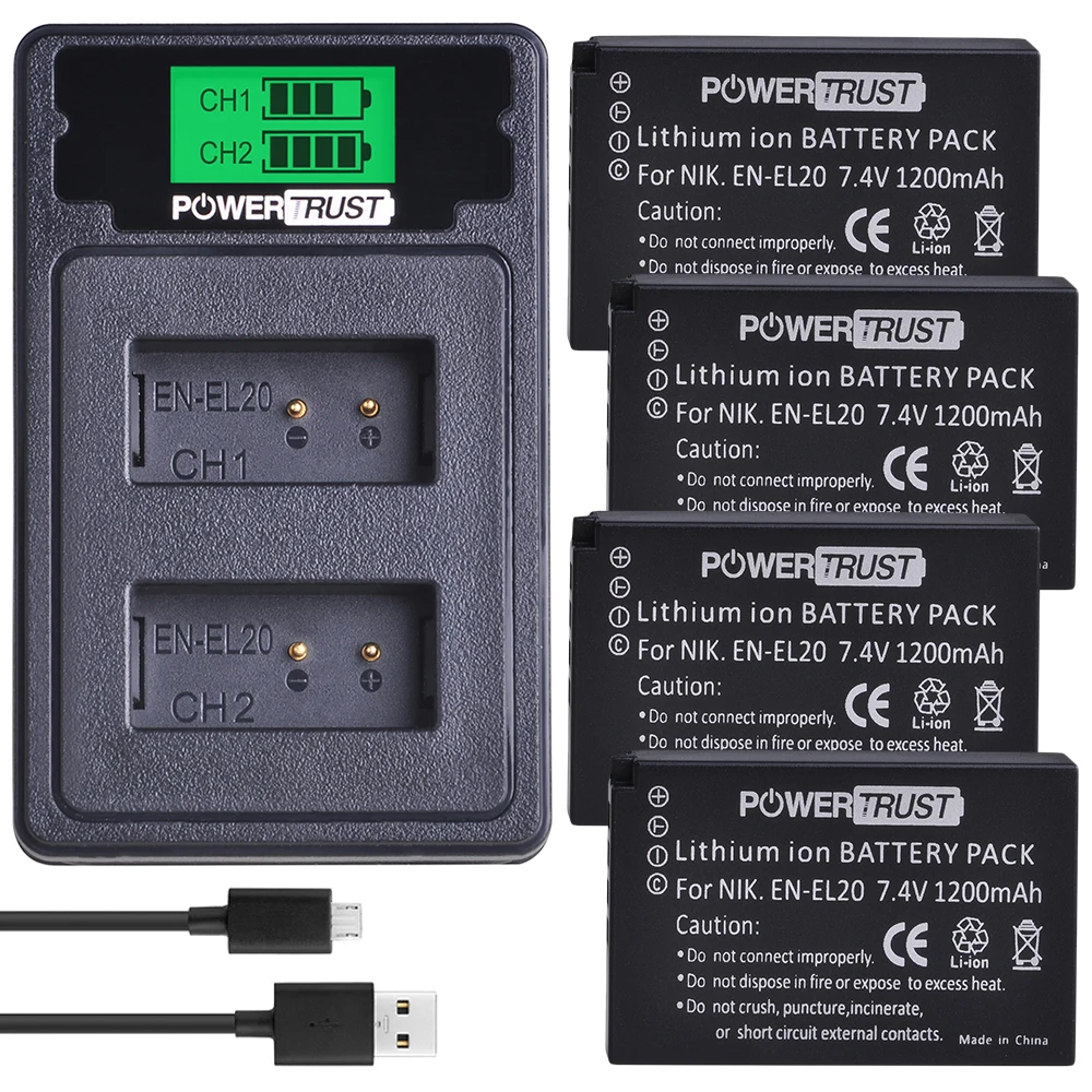 

PowerTrust 2Pcs 1200 mAh EN-EL20 EN-EL20a EN EL20 Battery + LCD Dual USB Charger for NIKON 1 J1 J2 J3 S1 Camera Batteries
