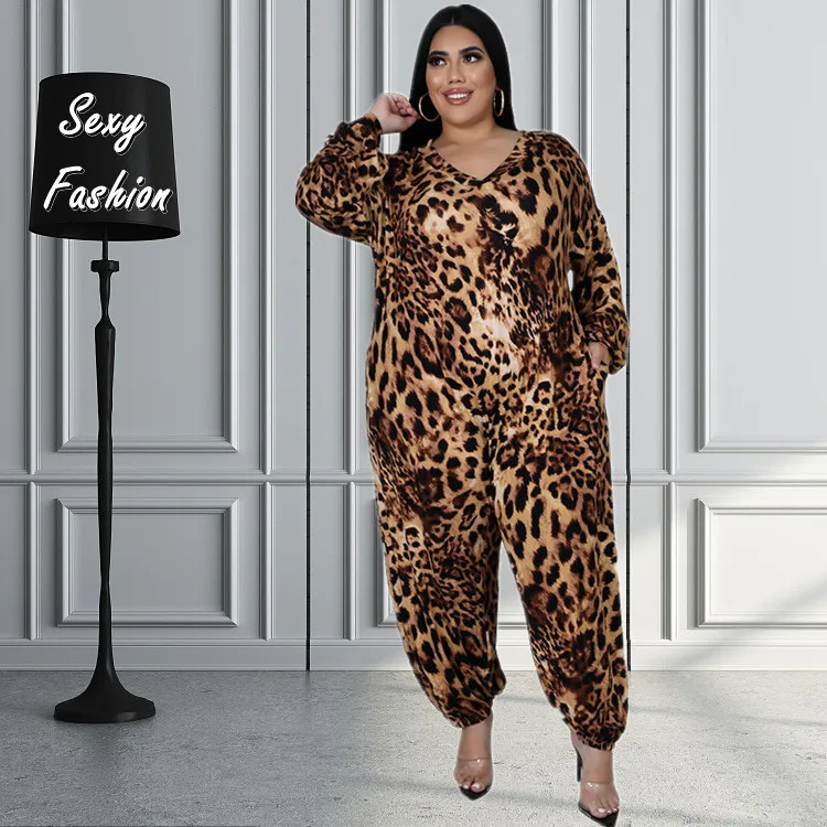 

Somoshein Leopard Printed Plus Size Clothes One Piece Jumpsuit Women Fall Sexy V Neck Romper With Pockets Wholesale Dropshipping