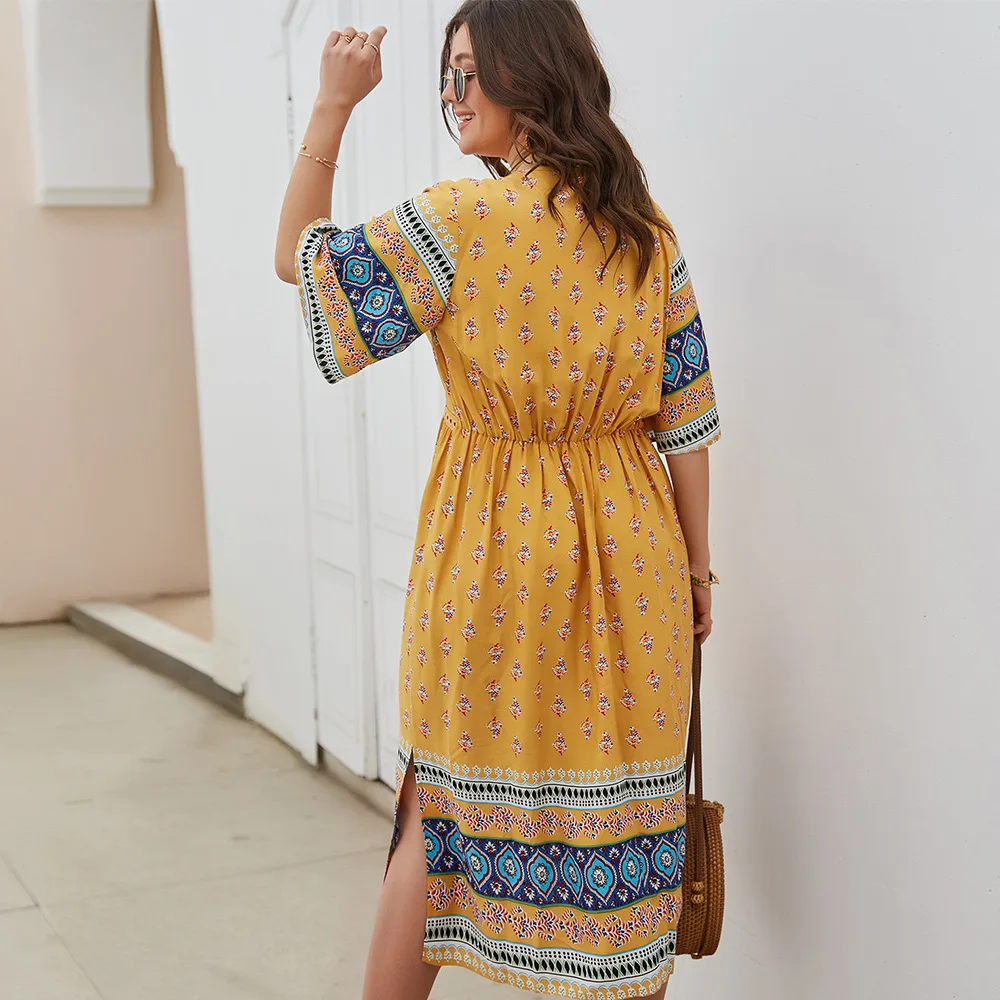 

Summer Oversized Light Yellow Dress Women Vintage Sexy Half Sleeve V Neck Large Hem Dresses 2021 Bohemian Casual Elegant Wear