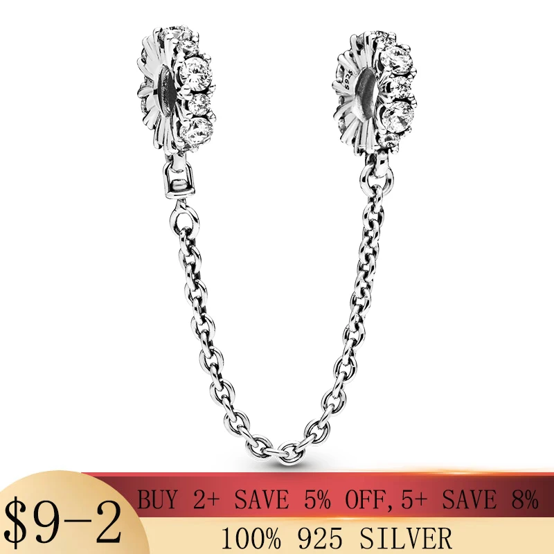 

925 Sterling Silver Beads Clear Sparkling Safety Chain Charm Fit Original Pandora Bracelet for Women Fashion Fine Jewelry Gift