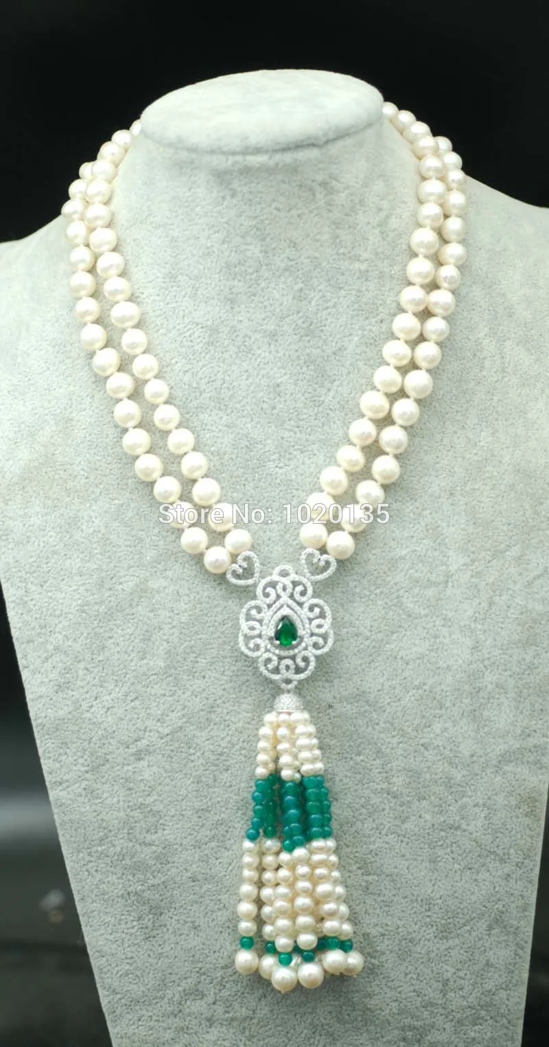 

2rows 8-9mm near round white freshwater pearl necklace amazing gift hot FPPJ green stone beads