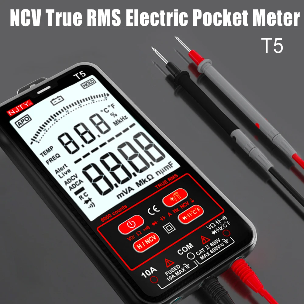 

NJTY T5 Digital Multimeter Electrical Pocket Meter Auto Range AC/DC Voltage Current Tester LCD Screen NCV True RMS Smart Tools