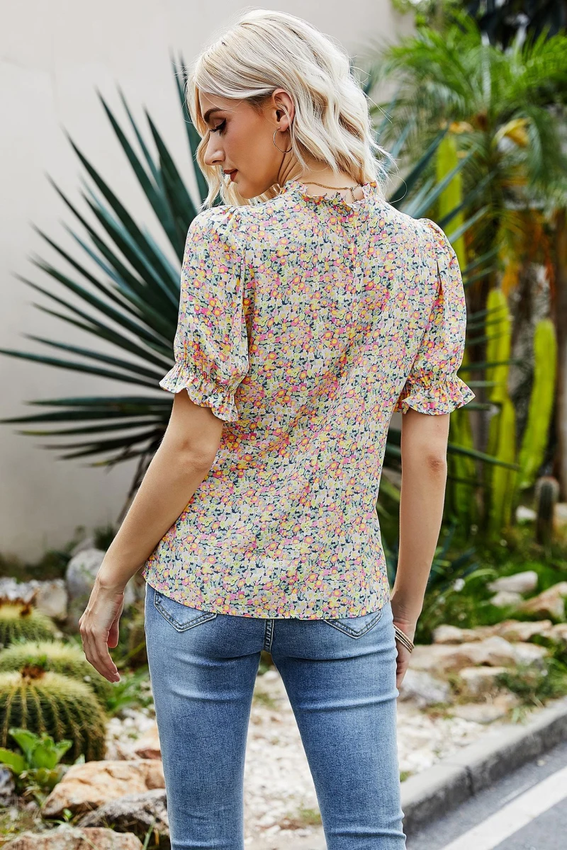 

2021 Women's Summer Casual Printed Floral T-shirt With Elastic Sleeves Short O-neck Loose T-shirts