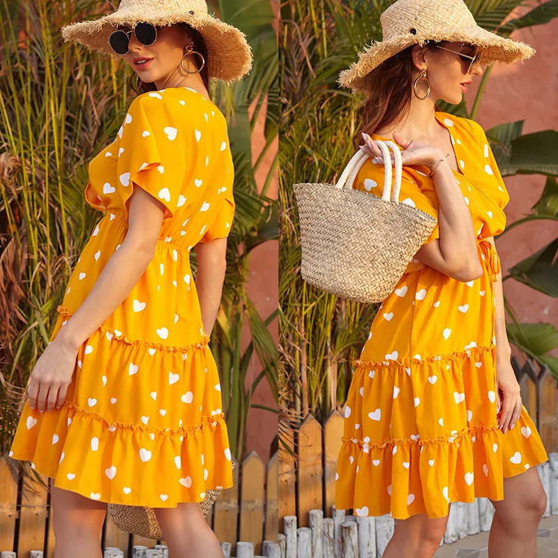 Женское платье 2020 на весну и лето с цветочным принтом Платье в горошек v образным
