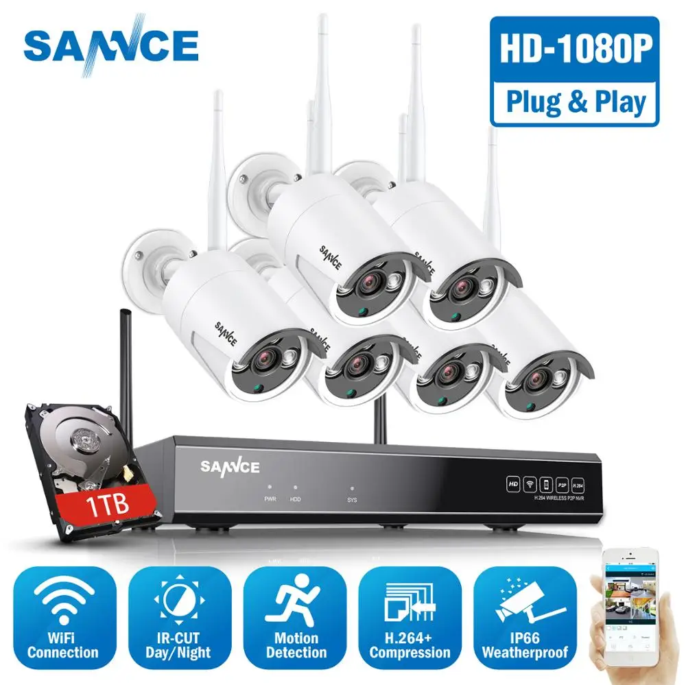 Беспроводная камера безопасности SANNCE система 8 каналов 1080P 6 шт. IP66 защита от