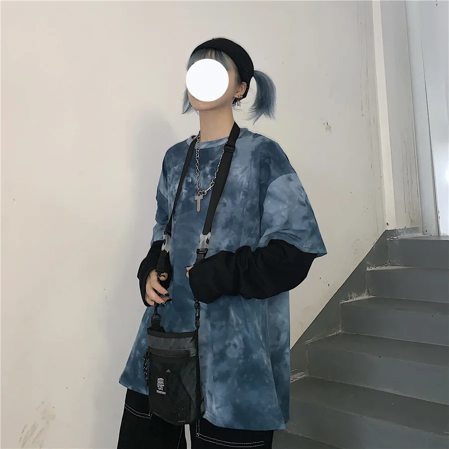 Harajuku уличная женская футболка с галстуком-красителем Корейская Tumblr Поддельные 2