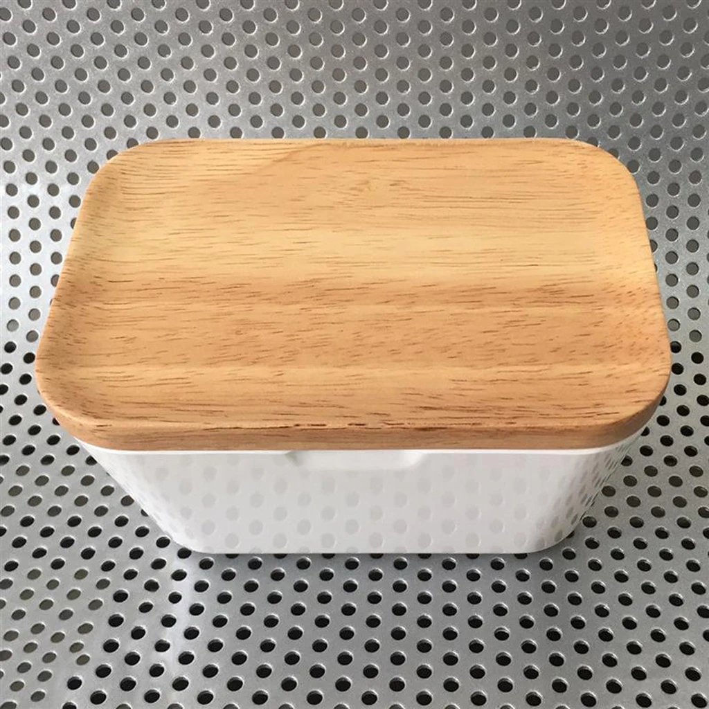 Plato de mantequilla con tapa de bambú, caja de almacenamiento de dulces de melamina blanca, contenedor de mantequilla, gran soporte para mantequilla
