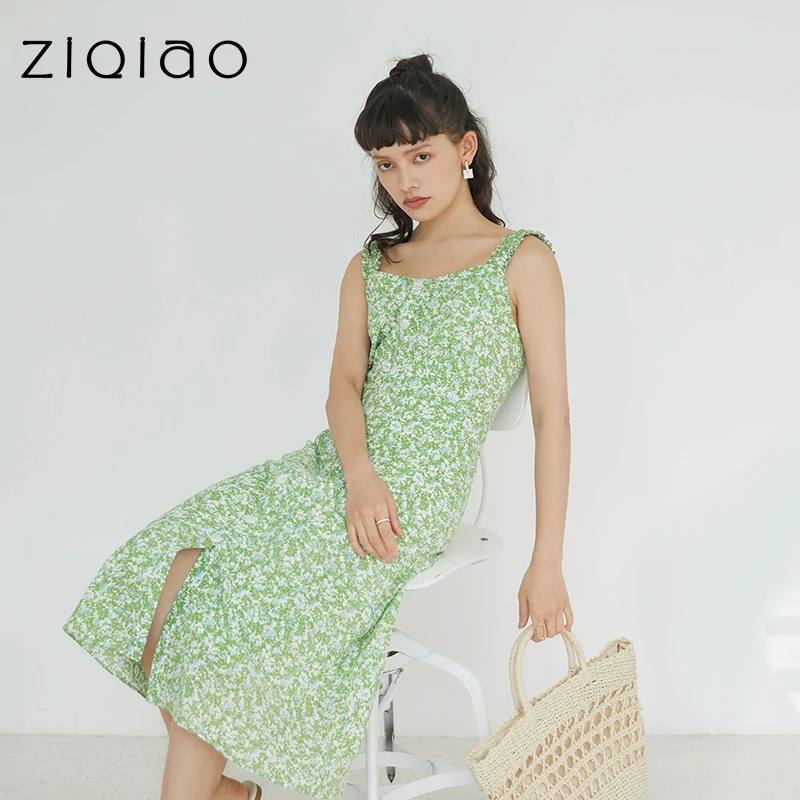 ZIQIAO повседневное летнее платье 2021 зеленое женское из 100% хлопка французская