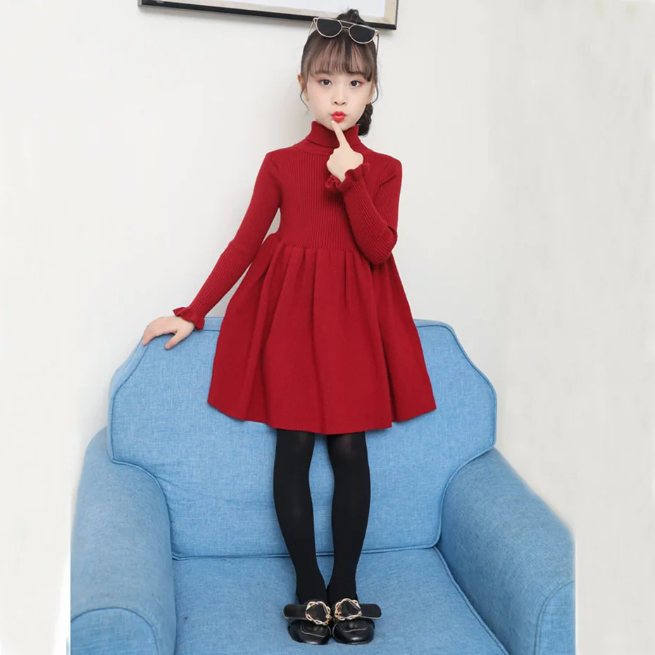 Платье для девочек однотонное вязаное платье-свитер с высоким воротом