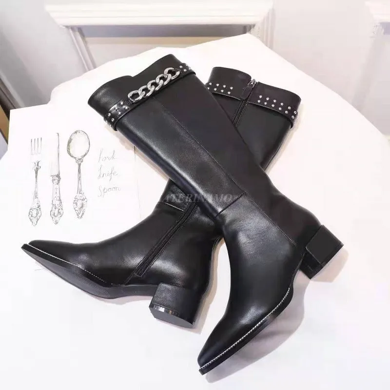 

Black Long Boots Women Metal Decor Luxury Brand Real Leather Pointed Toe Short Boot Fashion Mid-Heels Ladies Shoes Botas Mujer