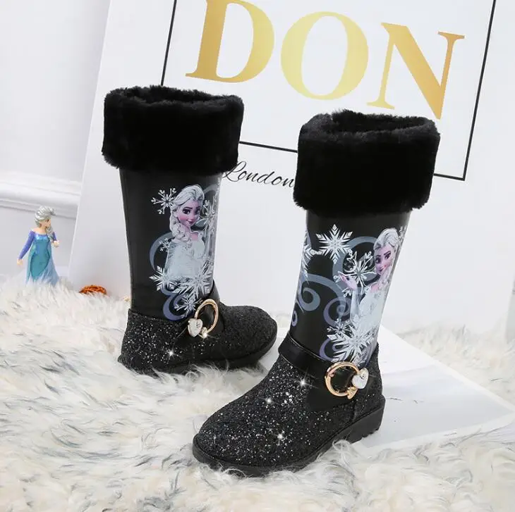 Сапоги детские осенне-зимние на высоком каблуке с блестками |