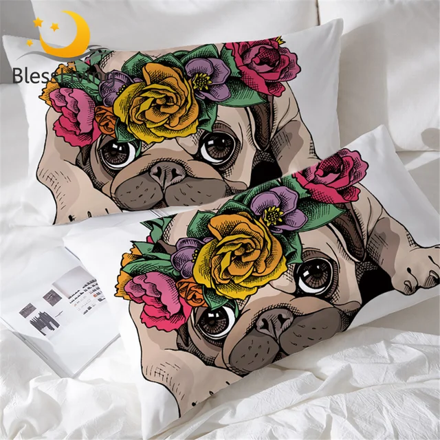 BlessLiving Rose Funny Pug Dog Pillowcase Cute One Pair Rectangle Animal Puppy Pet Pillow Case Cover Floral Cartoon Kids Bedding 1
