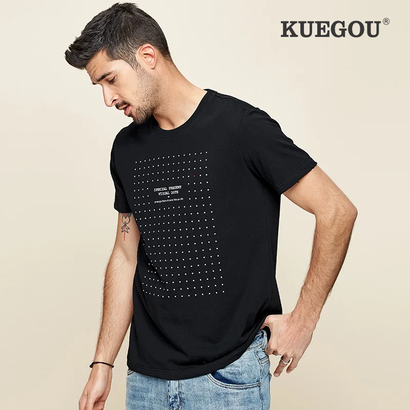 KUEGOU 100% Хлопковая мужская футболка с коротким рукавом летняя принтом в горошек