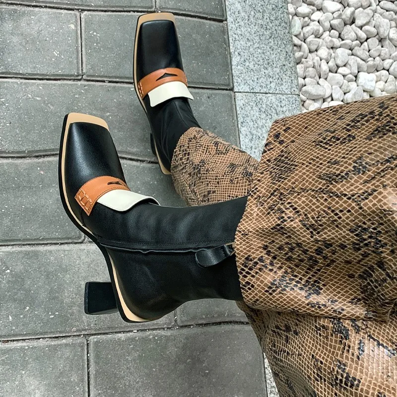 

Designer Mixed Colors Square Toe Short Boots Women Genuine Leather Shoes Vintage High Heels Fashion Lady Square Heel Ankle Boots
