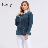 kesty womens plus size autumn casual denim jacket high flexibility cotton knitted denim jacket