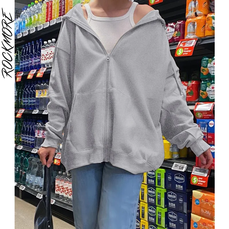 

Женские толстовки с капюшоном Rockmore, уличная одежда Харадзюку, свитер на молнии большого размера, одежда в Корейском стиле, топы с длинными р...
