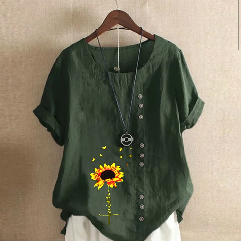 

Summer Fashion Short Sleeve Flower Print Women Casual Loose Tops & Blouses Vintage T-shirts Round Neck Plus Size S-5XL