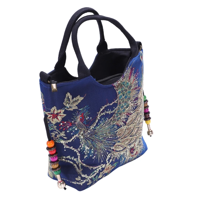 Shiny Sequins Peacock Embroidered Women Canvas Totes Bag Summer Shopping Shoulder Vintage Beaded String Handbag Dark Blue | Багаж и сумки