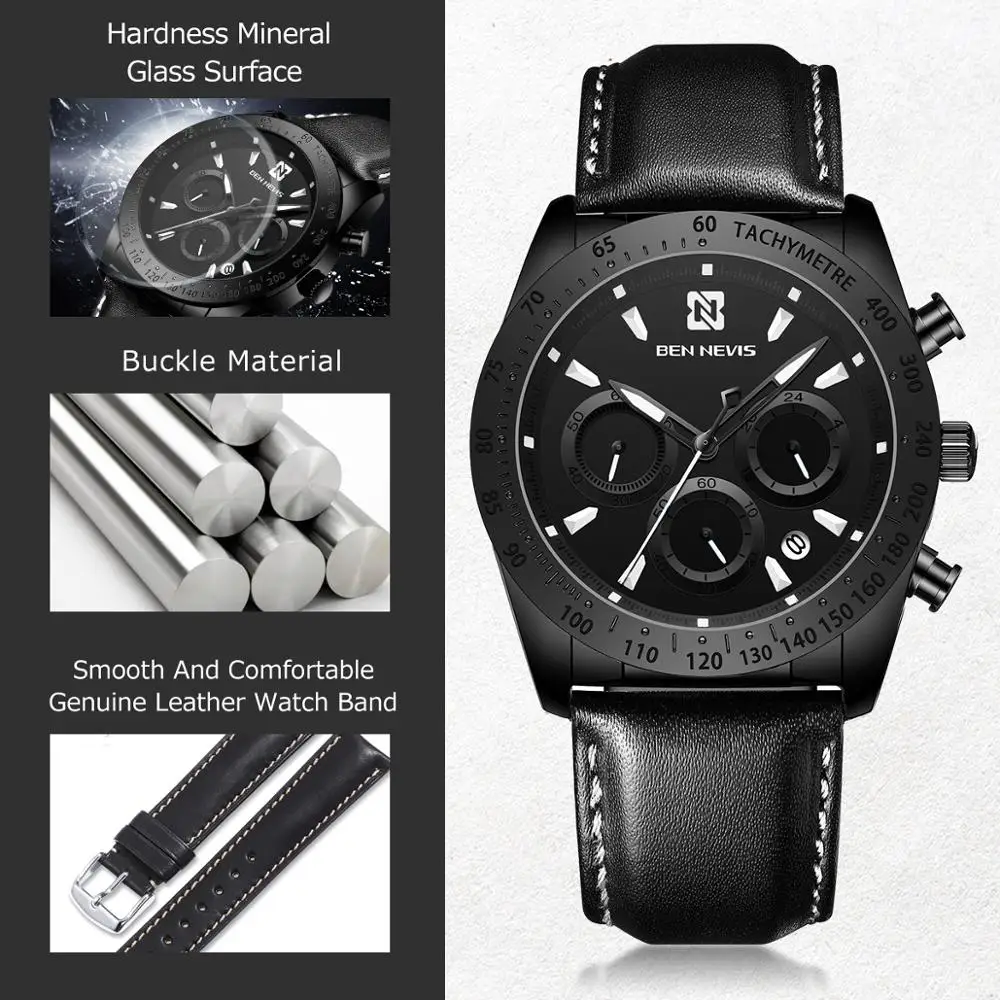 Бен-Невис жужские кварцовые часы тонкий Чехол черный наручные с кожаным ремешком