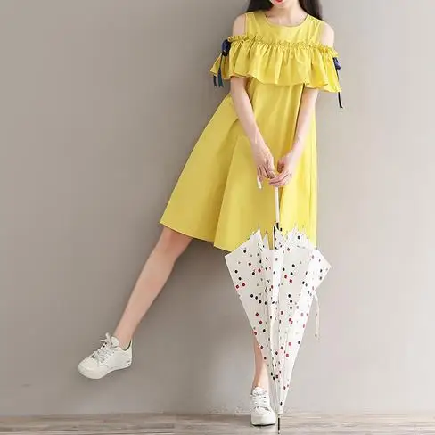 Японский Школьный стиль Лето Женское милое платье оборки открытые плечи свежее