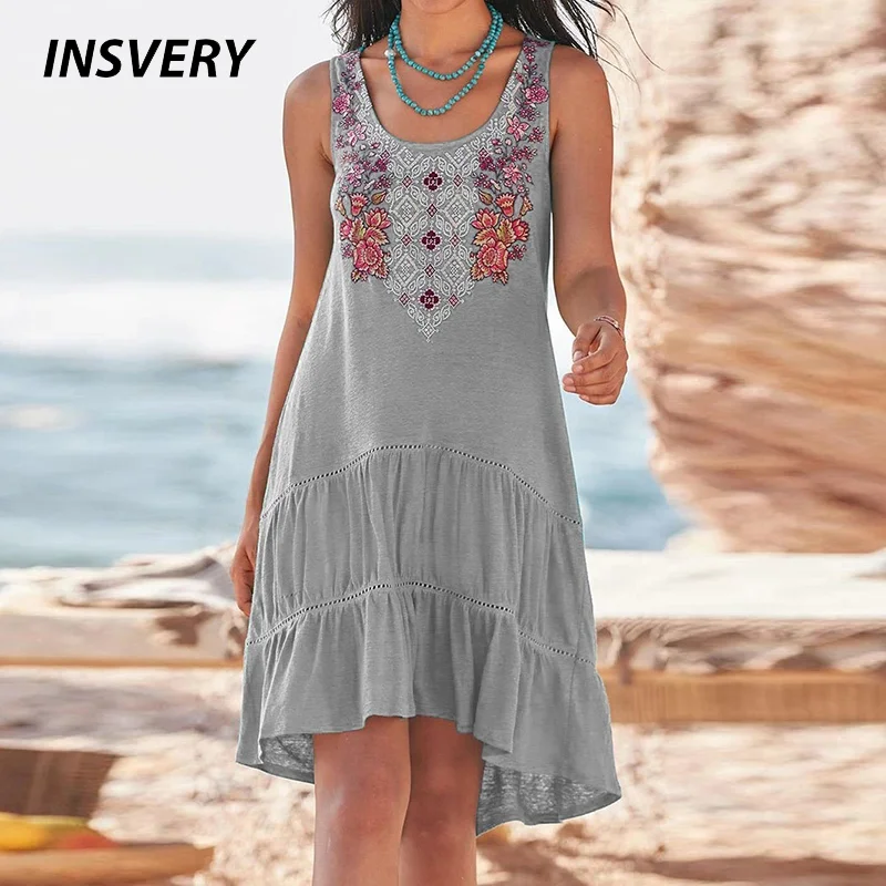 

2021 Plus Size Women's Summer New Embroidered Sleeveless Big Swing Vest Stitching Dress Embroidered Stitching Dress Club Dress