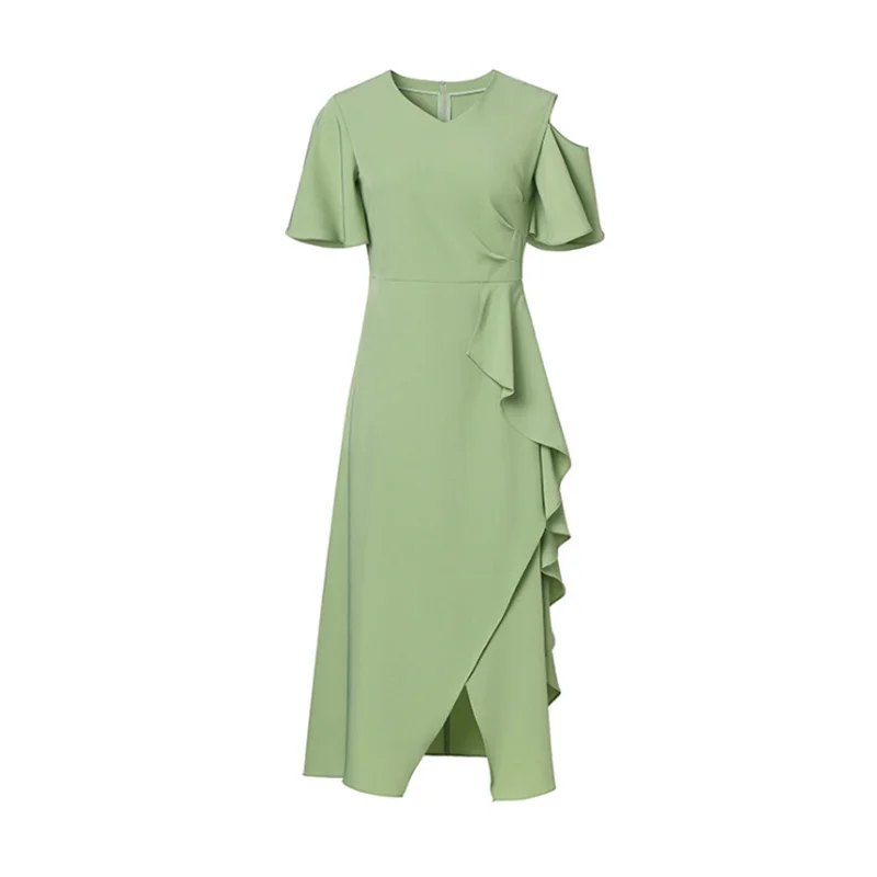 

2021 Summer Women's Dress V-Neck High Waist Ruffles Women's Clothing Casual Elegant Midi Skirt Office Ladies Party Prom Dresses