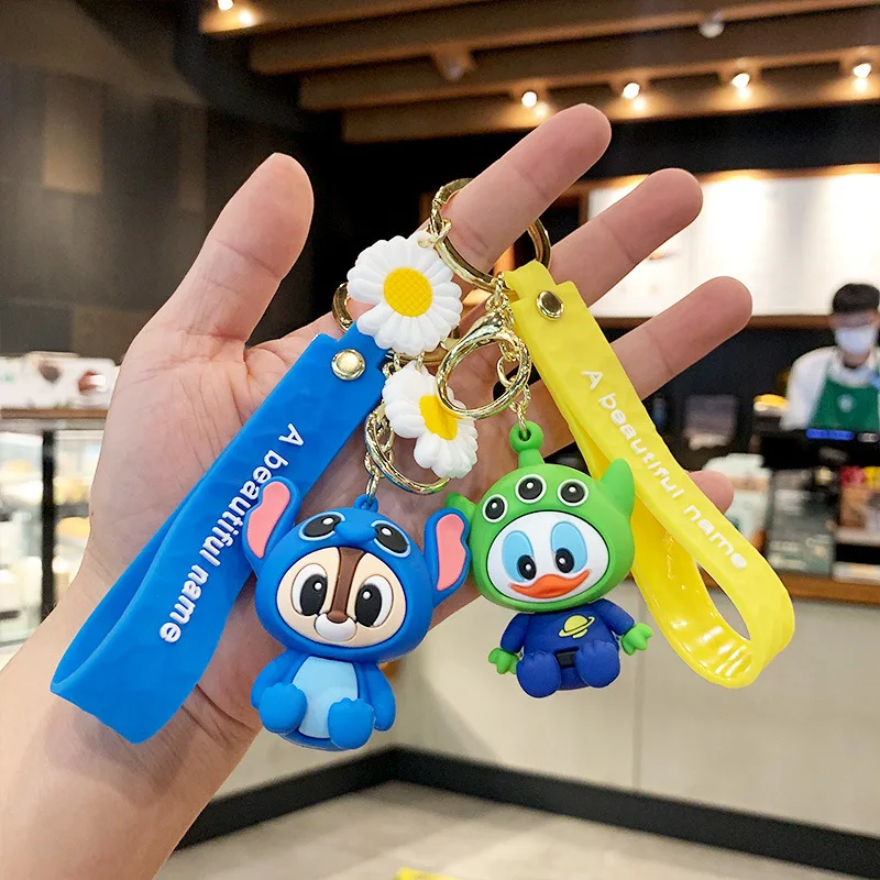 

Disney Mickey Stitch Minnie Doll Silicone Key Chain Cartoon String School Bag Keychain Pendant Action Figure Pendant Keyring
