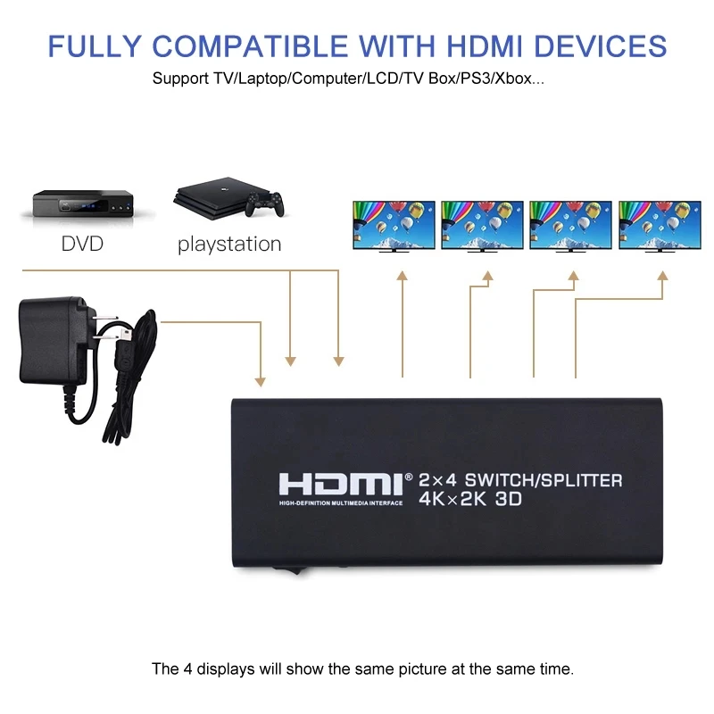 2x4 HDMI сплиттер 2 в 4 выхода переключатель с SPDIF аудио 3 5 мм Поддержка HD 4K 3D 1080P