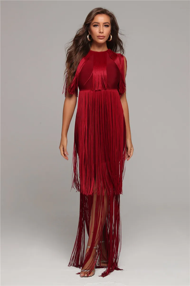 

High Quality 2020 Bandage Dress Sleeveless Tassel Long Women Dress Elegant Evening Party Dress Wine Red