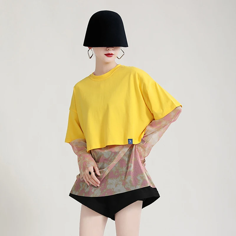 

CHICEVER Casual Two Piece Set For Women Solid O Neck T Shirts Print Hit Color Shirts Designer Sets Females Clothing 2021 Fashion