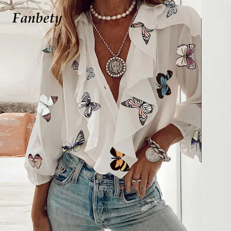 

2021 Summer New Fahsion Butterfly Letter Print Blouse Women Shirts Elegant V-Neck Ruffle Design Shirt Ladies Casual Loose Blusas