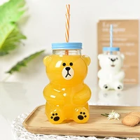 1pcs new bear glass bottle with straw cup children milk cup with lid fun cartoon water cup juice cup creative girl coffee cup