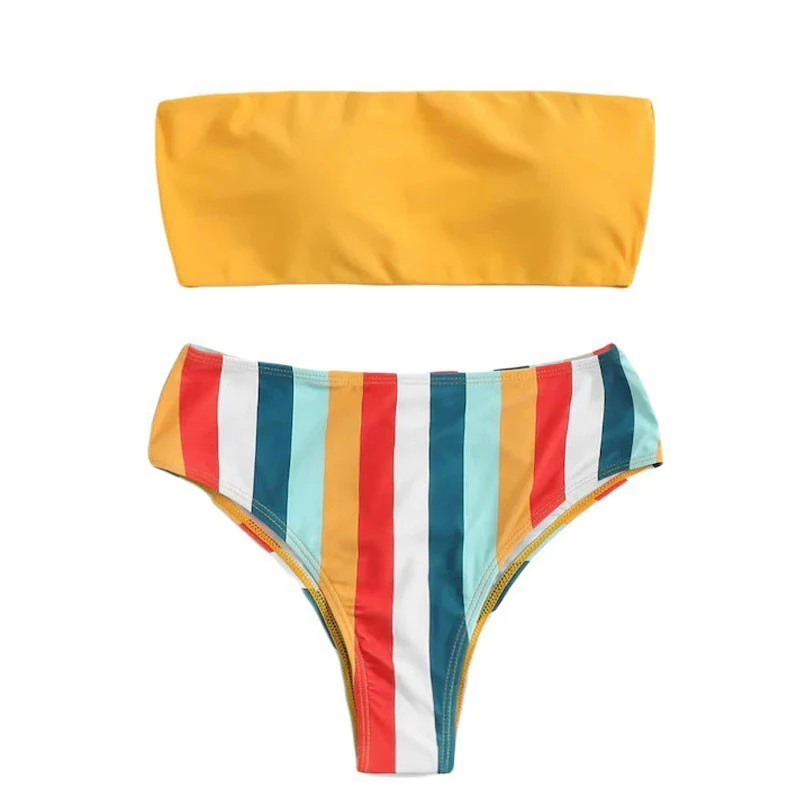 AIUJXK 2021 Off Shoulder Striped Bathing Suit Women Summer Sexy Bra And Panty Set Biquini Woman Beach Style 2 Piece Set Swimsuit