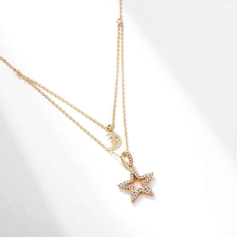 

Charm Double Layer Simple Style Jewelry Stars-Moon Necklace Fashion Wild Female Necklace Clavicle Rose Gold Pendant Wedding Gift