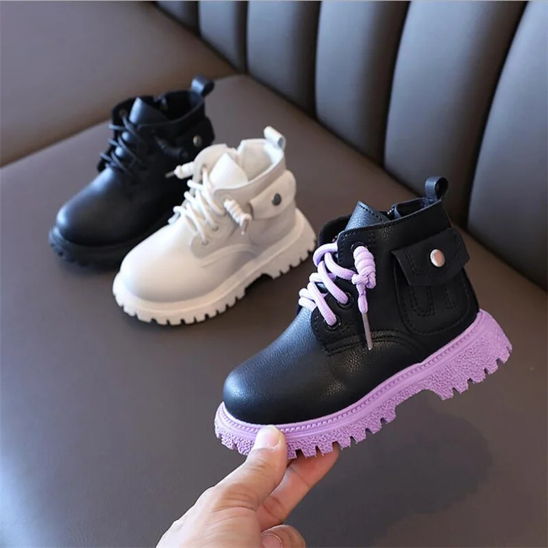 

Girls Martin Boots Baby Autumn new Fashion British Low-Top Boots Color-blocking purple soft-soled non-slip single boots