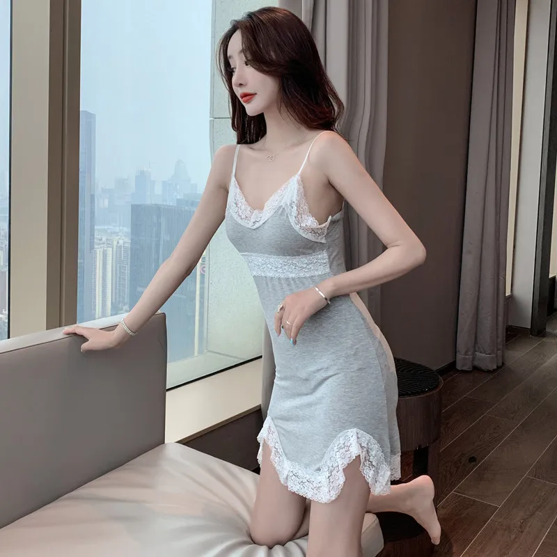 Summer New Sexy Nightdress Women's Sling Gown Modal Temperament Home Wear Nightwear Lace Backless Lady Sleepwear Sexy Nightgown