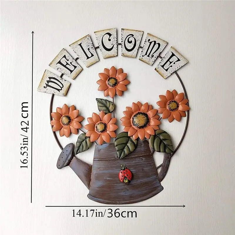 

Metal Sunflower Hanging Decorations Welcome Sign Kettle Sunflower Ornaments Welcome Wreath for Door Porch Garden Decoration