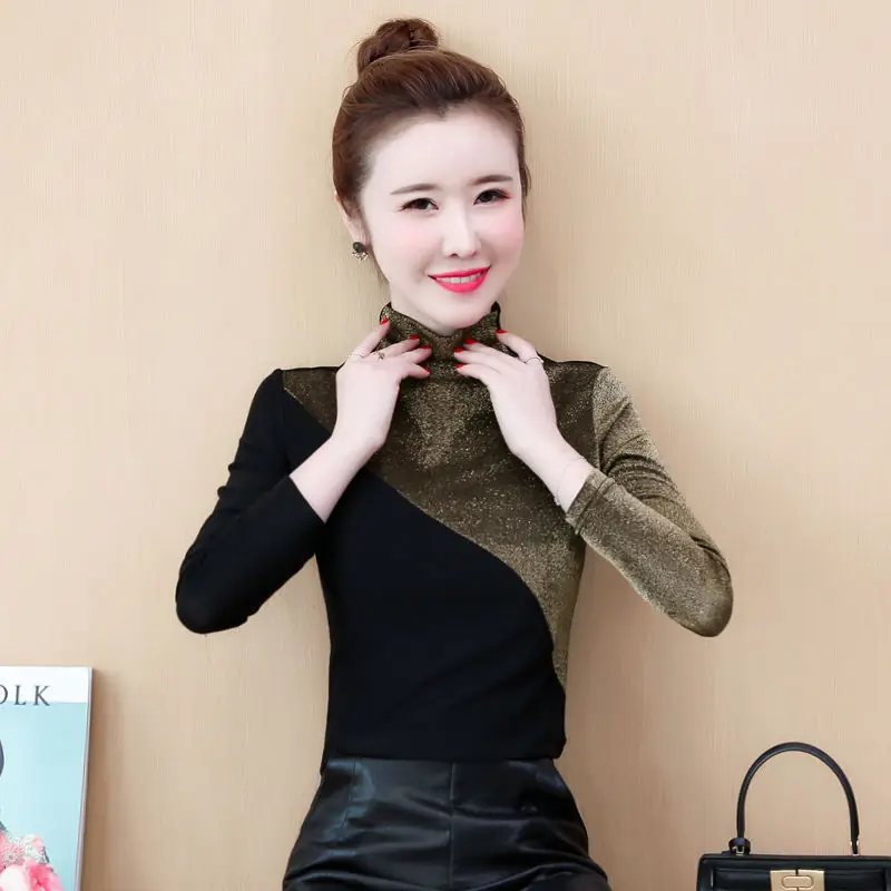 

2021 New Fashion Contrast T-Shirt Casual Spring Autumn Ladies Turtleneck Tops Female Women Long Sleeve Shirt Pullover Y135