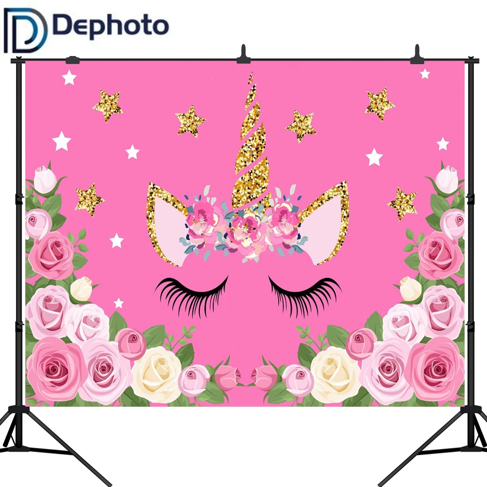 Розовые вечерние фоны для фотосъемки с изображением единорога и цветов на день