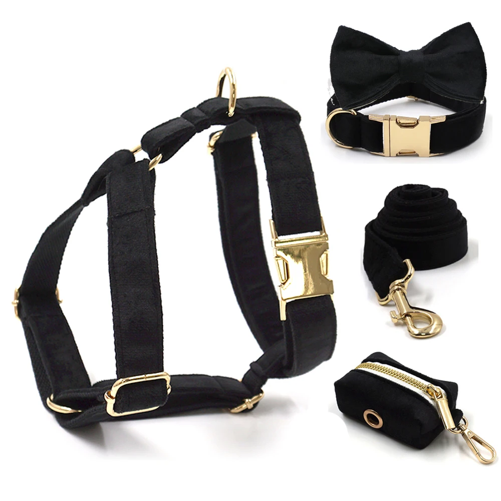 Black Velvet Dog Harness Personalized High Quality Durable Collar with Gold Metal Buckles Quick Release Pet and Leash | Дом и сад