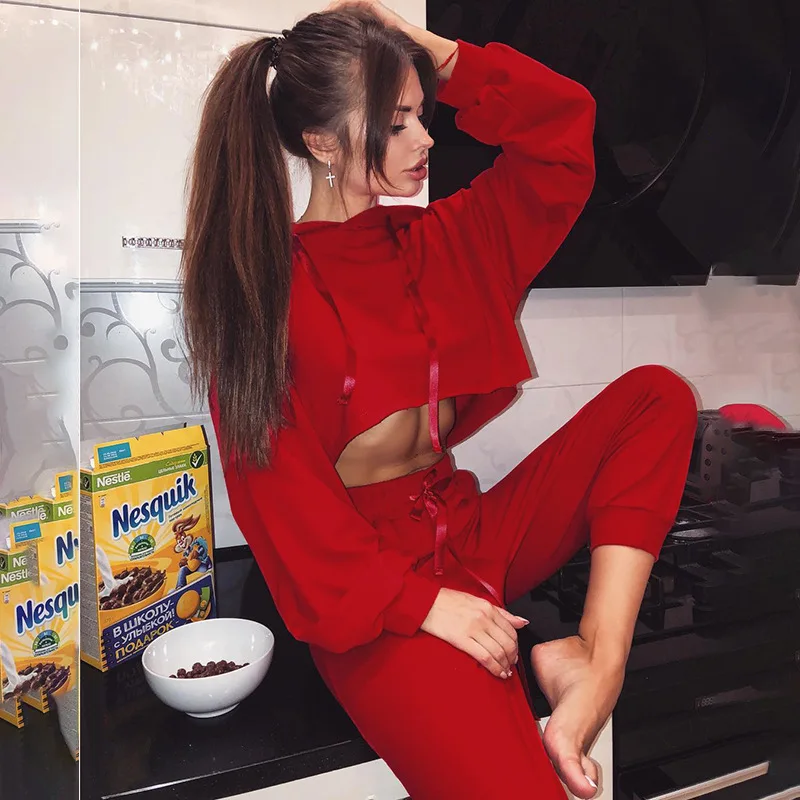 Красный комплект из 2 предметов женские комплекты зимняя одежда худи укороченный