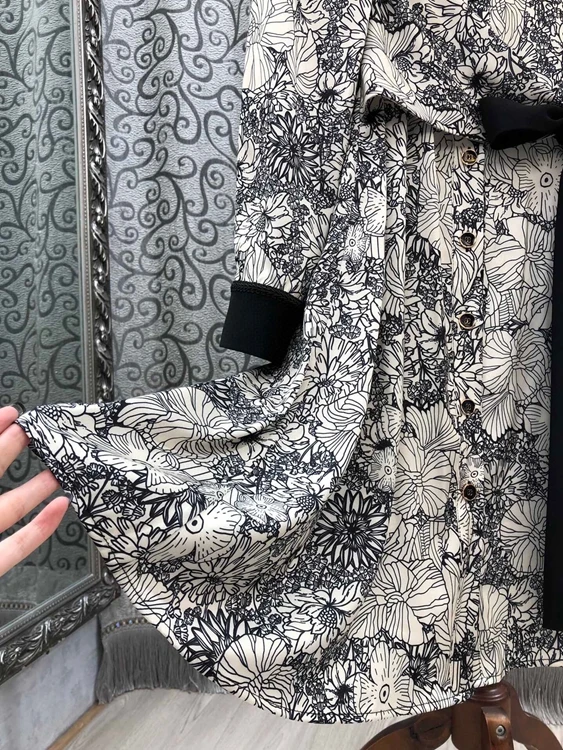 

New High Quality Long Shirt Dress 2021 Spring Summer Women Turn-down Collar Vintage Floral Print Bow Waist Long Sleeve Dress