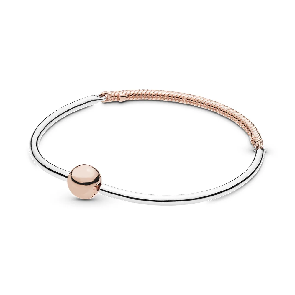 

925 Sterling Silver Bracelets Rose Gold Round Buckle Snake Chain Bangles Fit For Women Original Charm Beads Jewelry