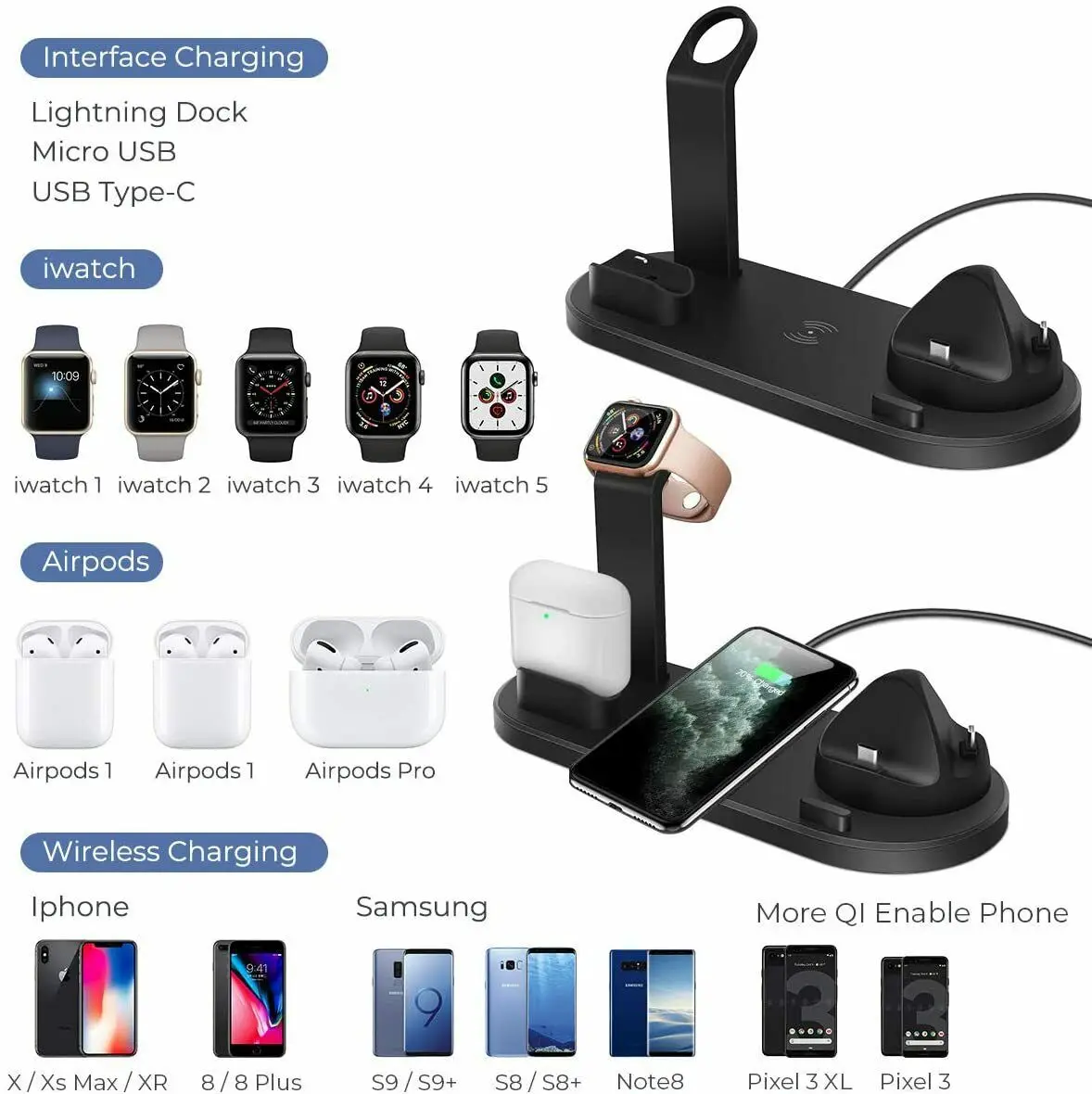 3 in 1 qi wireless mobile phone charger for bluetooth headphone watch rotattable charging dock for iphone samsung huawei xiaomi free global shipping