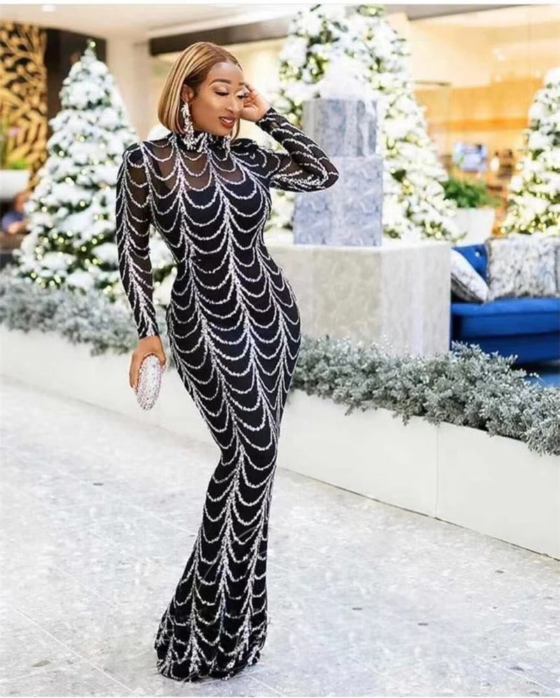 

Sparkly Diamond Mesh Handmade 2021 Ladies Long Sleeve Dress Women Bodycon Party Birthday Celebrate Singer Dancer Stage Costume