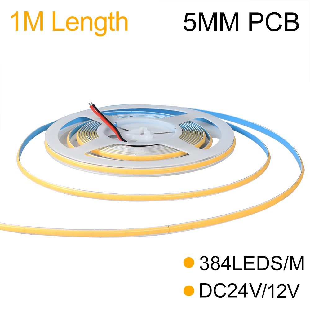 

5mm PCB Width 1M 384Chips/M 10W/M Energy-Saving Cob Bright Soft Light Strip 12V 24V Warm White