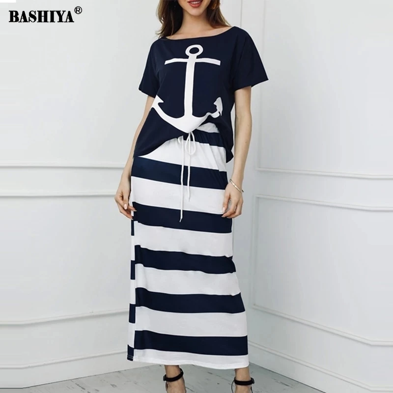 

Summer Boat Anchor Top Print Stripe Dress Short Sleeve Off Shoulder Beach Skirts And Top Casual Loose 2 Piec O-Neck Women Set