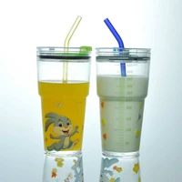 transparent glass milk cup with straw lovely cartoon rabbit pattern drink cold water cup vaso fruit juice cappuccino coffee cup